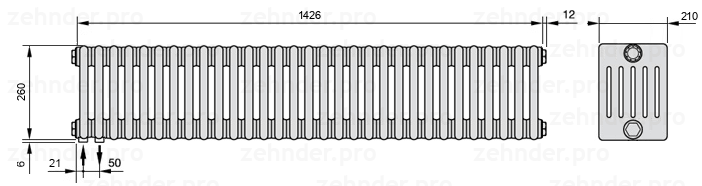 Схема (чертеж) Радиатор Zehnder Charleston 6026/31 №3370 Белый глянцевый RAL 9016